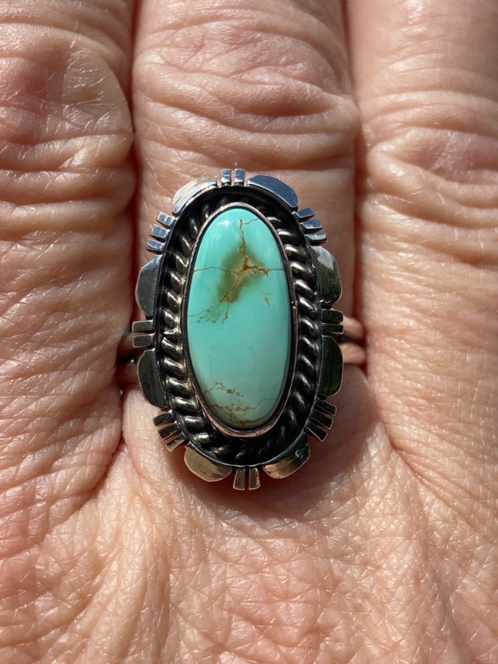 Sterling Silver Turquoise Oval Statement Ring - Light Blue Green, Navajo/signed - Picture 13 of 15